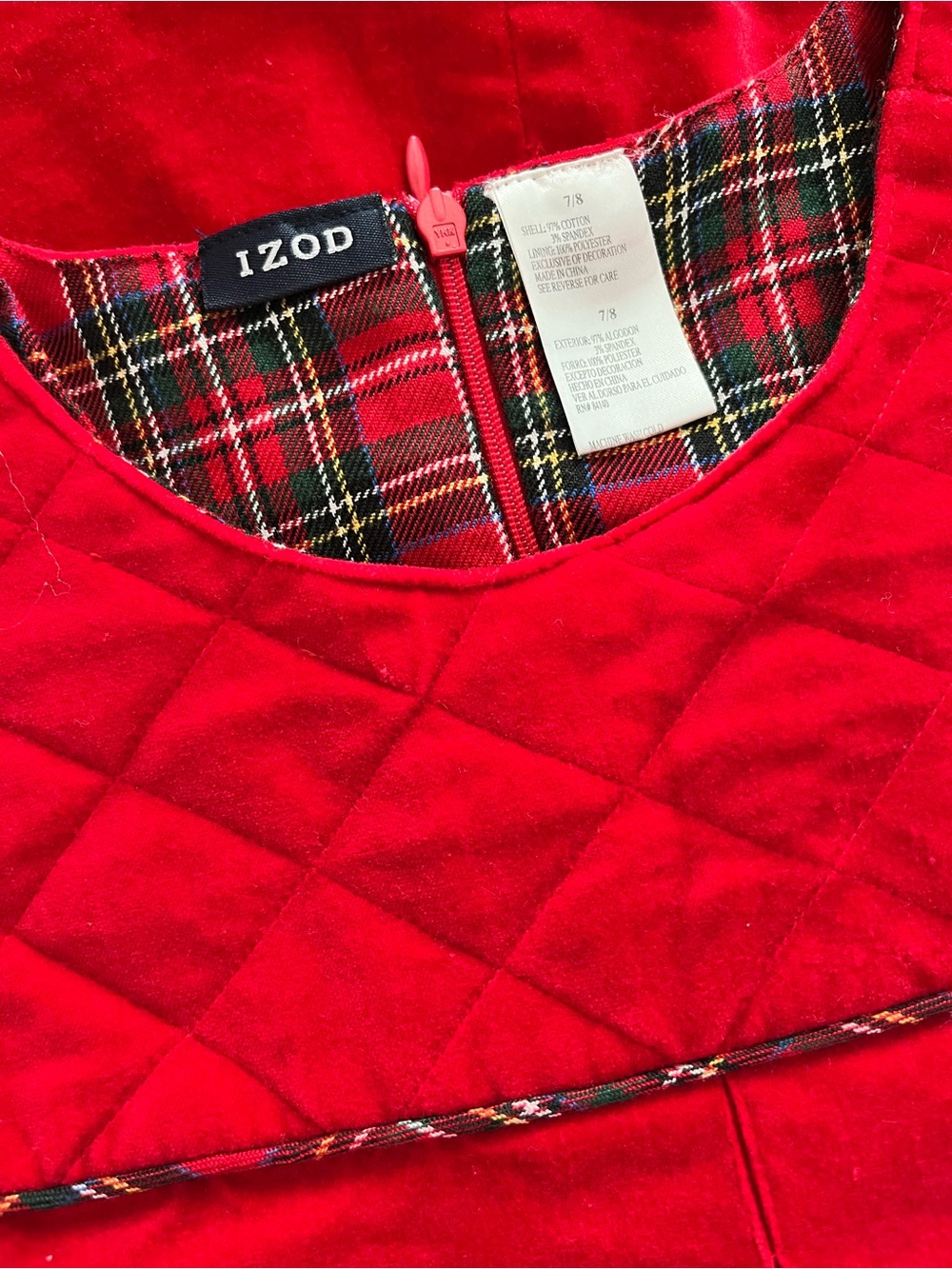 Izod Red Quilted Dress Tartan lining Size 7/8 Embroidered Christmas Velvet Look